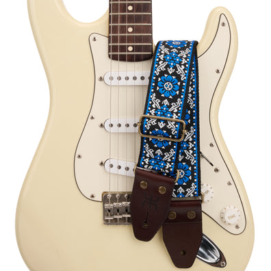 AMUMU 2" Retro Embroidered Blue Guitar Strap with Cotton Comfort & Leather Ends-LKF-BWB-TGBN